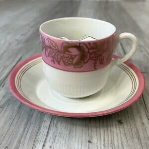 Vintage White Pink Floral Accent Gold Trim Mustache Guard Mug Cup Decor